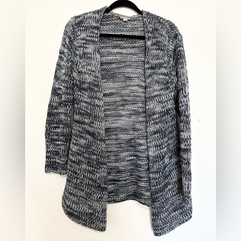 J Jill Sweater Womens small Gray Blue Marled Knit Crochet Open Cardigan Casual